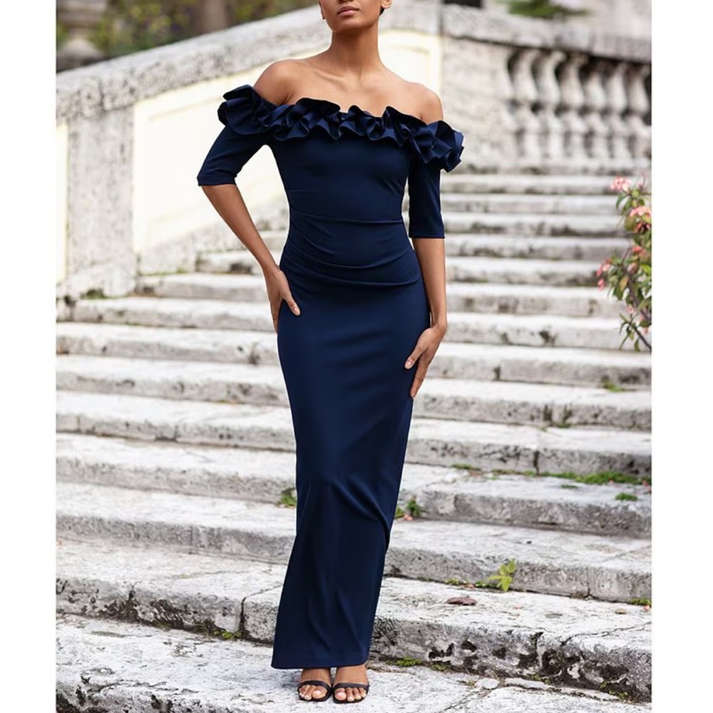 XSCAPE PETITE "ISLA" LONG SCUBA OFF THE SHOULDER RUFFLE NAVY BLUE DRESS
